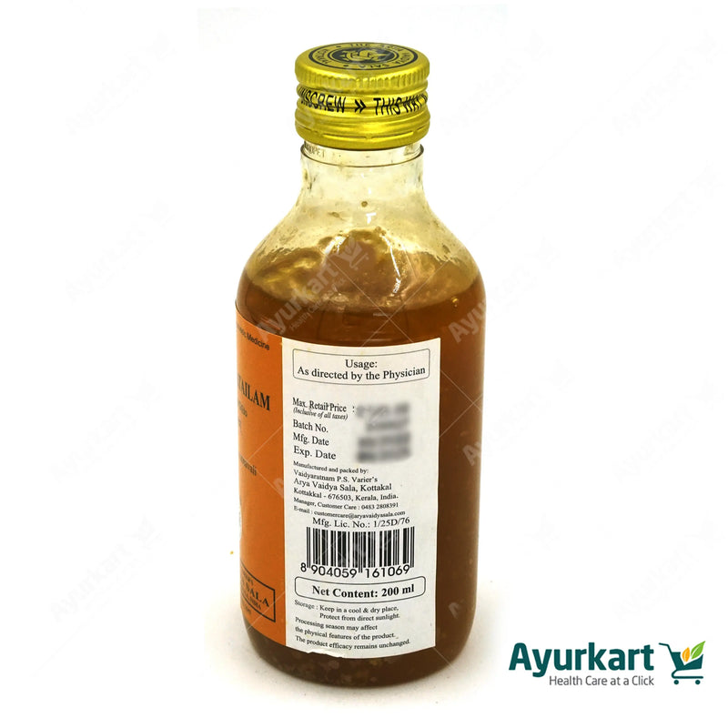 Kottakkal Mahamasha Tailam: Ayurvedic oil for muscle & joint support. Nourishes & strengthens, promotes flexibility & comfort. Gentle & safe, no harsh chemicals. (Arya Vaidya Sala, 200ml). Benefits:  Soothes muscle aches & stiffness Improves joint mobility & comfort Supports bone health & strength Natural & safe, gentle on skin Order online: Ayurkart.com  Note: Consult doctor before use.
