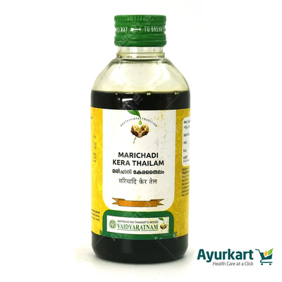 Marichadi Kera Thailam is a traditional Ayurvedic oil used for various purposes. Key details for accessibility:  Function: Pain relief, inflammation reduction, hair growth support. Key Ingredients: Black pepper (Maricha), coconut (Kera), sesame (Til), and other herbs. Application: Gently massage onto affected area or scalp. Leave on for 30 minutes to 1 hour before washing. Disclaimer: Consult a healthcare professional before use, especially if you have pre-existing conditions or take medications.