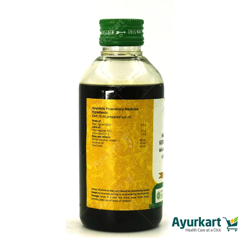 Marichadi Kera Thailam is a traditional Ayurvedic oil used for various purposes. Key details for accessibility:  Function: Pain relief, inflammation reduction, hair growth support. Key Ingredients: Black pepper (Maricha), coconut (Kera), sesame (Til), and other herbs. Application: Gently massage onto affected area or scalp. Leave on for 30 minutes to 1 hour before washing. Disclaimer: Consult a healthcare professional before use, especially if you have pre-existing conditions or take medications.