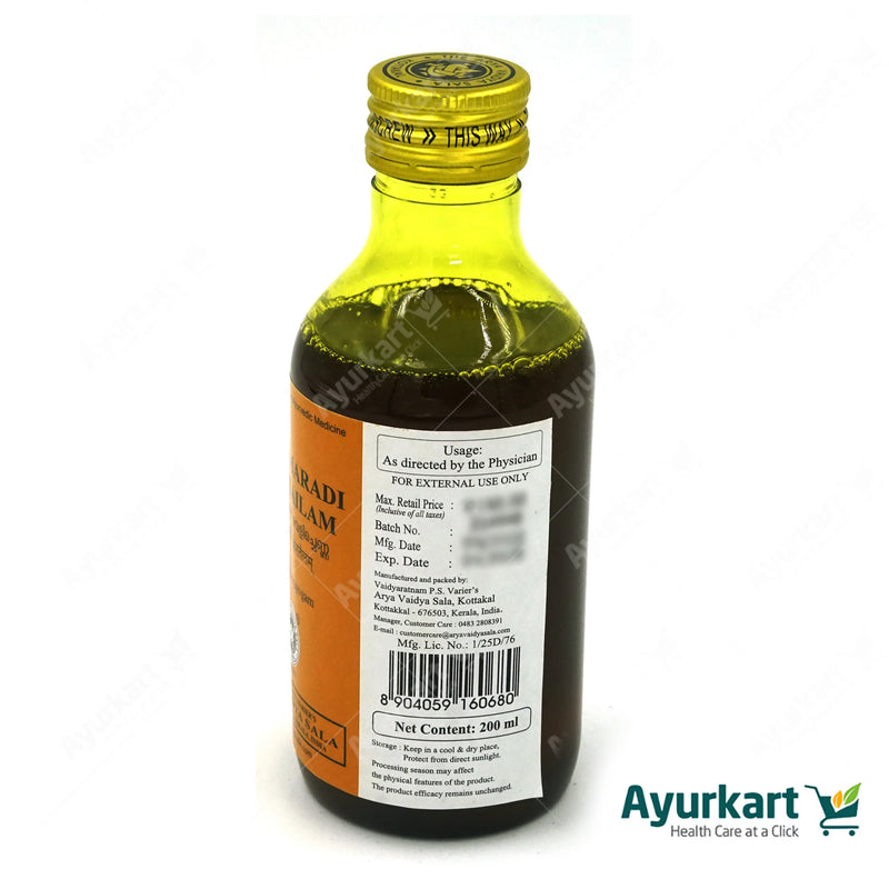 Nalpamaradi Kera Tailam: Ayurvedic Hair Care Oil (Kottakkal, 200ml). Nourishes & strengthens hair, promotes growth & reduces fall. Soothes scalp, fights dandruff. Gentle & safe, natural ingredients. Order online: Ayurkart.com. Note: Consult Ayurvedic Consultant before use.