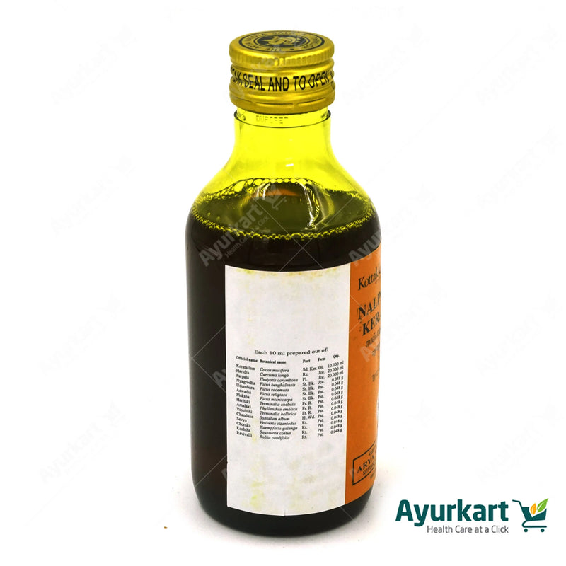Nalpamaradi Kera Tailam: Ayurvedic Hair Care Oil (Kottakkal, 200ml). Nourishes & strengthens hair, promotes growth & reduces fall. Soothes scalp, fights dandruff. Gentle & safe, natural ingredients. Order online: Ayurkart.com. Note: Consult Ayurvedic Consultant before use.