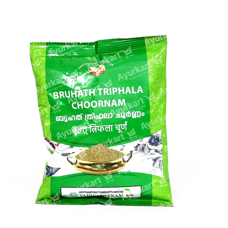 Bruhath Triphala Choornam is a traditional Ayurvedic herbal powder made with Triphala, combining three fruits: Haritaki, Amalaki, and Vibhitaki. It is a gentle laxative that helps to promote bowel regularity and relieve constipation. It also helps to detoxify the body and improve digestion. 