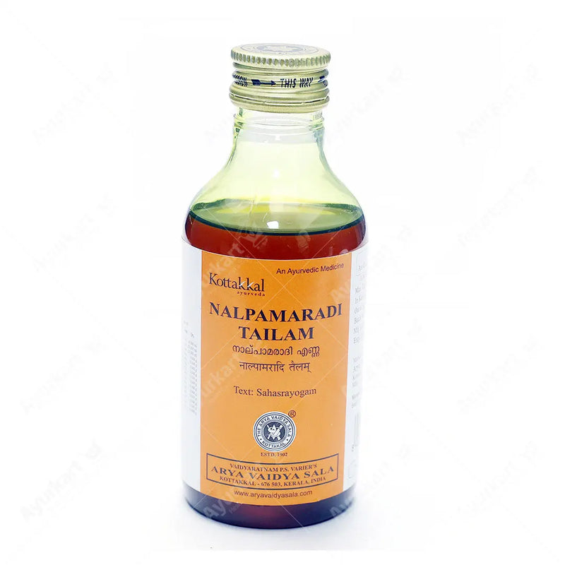 Close-up of Nalpamaradi Tailam bottle by Kottakkal Ayurveda 