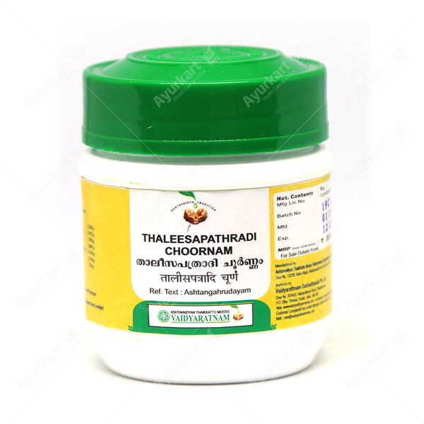 Thaleesapathradi Choornam (Vaidyaratnam): Natural relief for coughs & breathing issues (asthma). Helps digestion & clears airways. Gentle & safe, no harsh chemicals. Easy-to-use powder, mixes with water or milk. Order online: Ayurkart.com. Note: Talk to doctor before use.