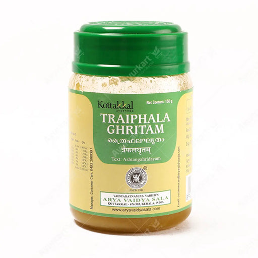Triphala (Amalaki, Bibhitaki, Haritaki) herbs, the main ingredients in Traiphala Ghritam.